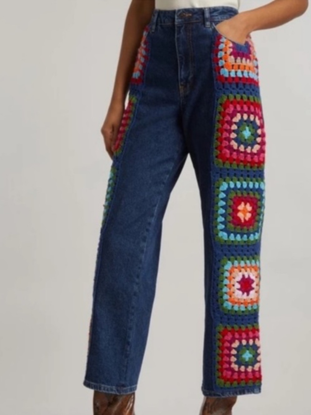 Farm Rio Dark Blue Jeans with Multicolor Crochet Panels